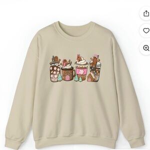 Festive Beige Sweatshirt with Holiday Mug Design